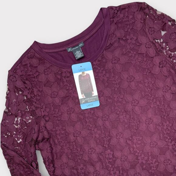 Adrianna Papell Lace Overlay Crew Neck Long Sleeve Top in Merlot Women's Large - Picture 4 of 15